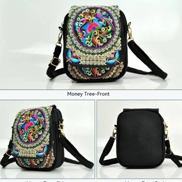 Women's Embroidered Crossbody Bag, Small Canvas Shoulder Bag, Zipper Phone Bag - Picture 3 of 7